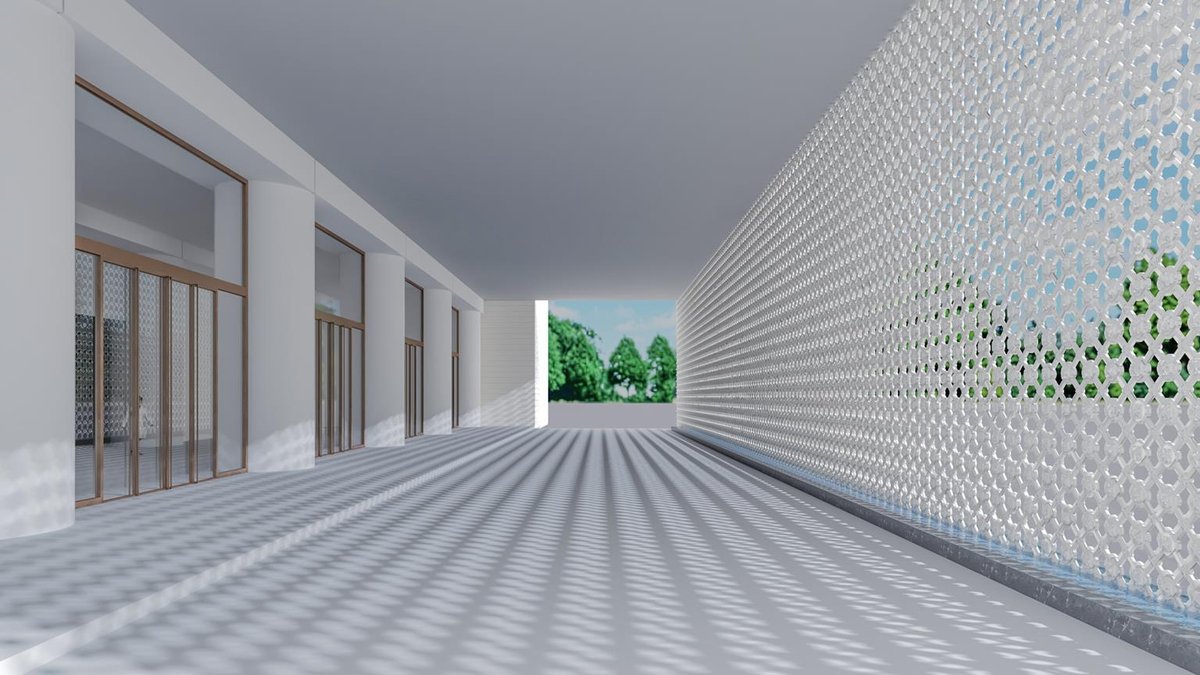 The porte-cochere with perforated screen casting patterned light
